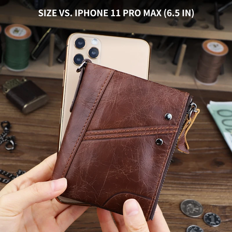 

Portomonee Genuine Leather Men Short Wallet Anti-rfid Zipper Coin Pocket Retro Credit Card Holder Money Bag For Ladies Purse