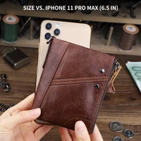 portomonee genuine leather men short wallet anti rfid zipper coin pocket retro credit card holder money bag for ladies purse