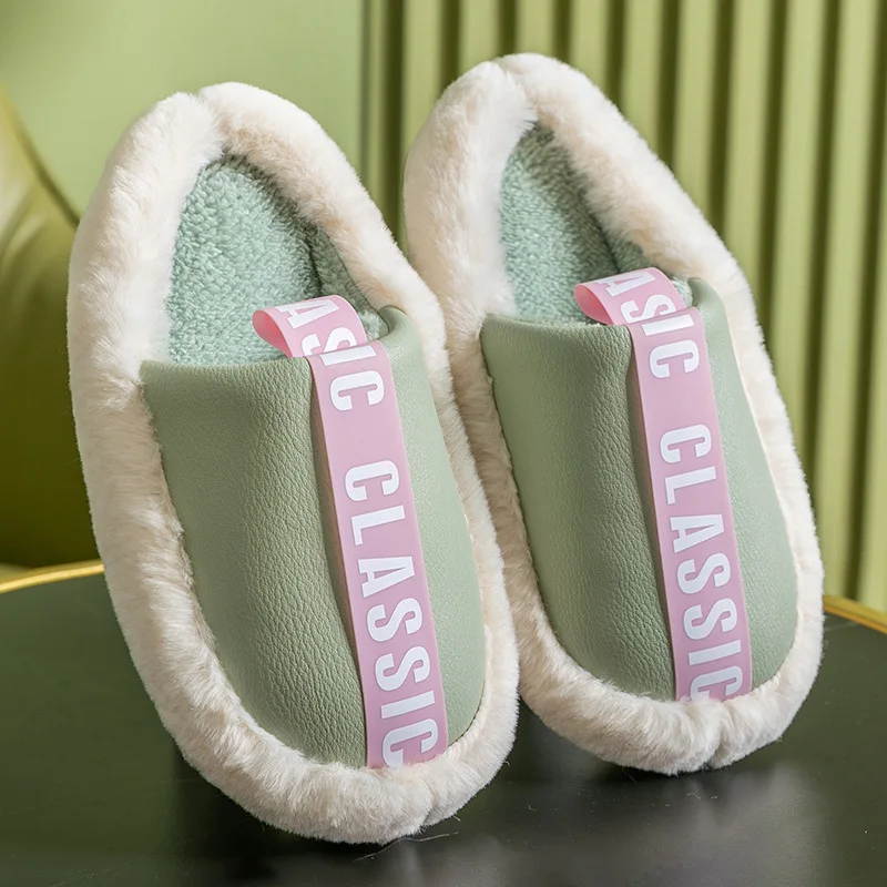 

2021 Winter Women Furry Slippers Soft Keep Warm Plush Home Slippers Thick Flats Heel Non Slip Indoor Couple Cotton Cute Shoes