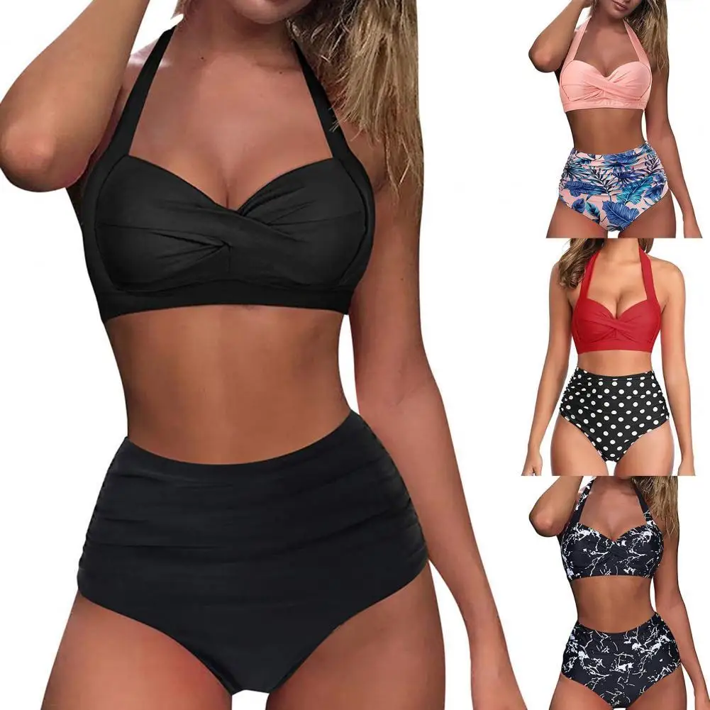 

Push Up Halter High Waist Printing Pleated Front Women Two Piece Swimsuit Bikini Set Female Bathing Suit 2021 Mujer Beachwear