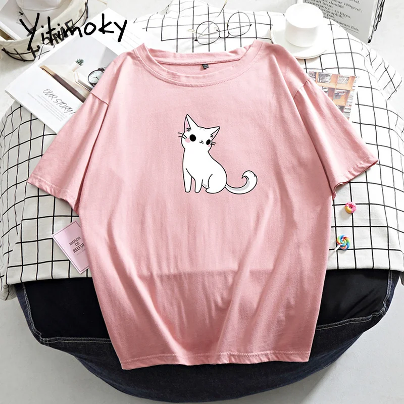 Футболка с милым принтом кота базовая футболка Женская Повседневная круглым