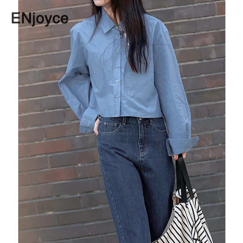 

Woman Wide Shoulder Short Blouse Vintage Blue Oversized Cargo Shirts Casual Turn-down Collar Shirt Cropped Tops Spring Summer