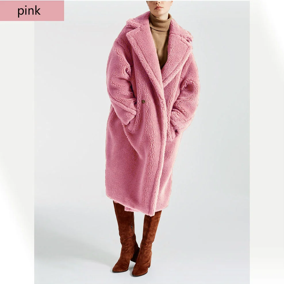 Розовый Женское пальто из искусственного меха, Осень-зима, пальто из искусственного меха с рукавами-фонариками, плюшевое теплое плотное пальто для богинь, длинное плюшевое пальто для женщин - Цвет: Розовый