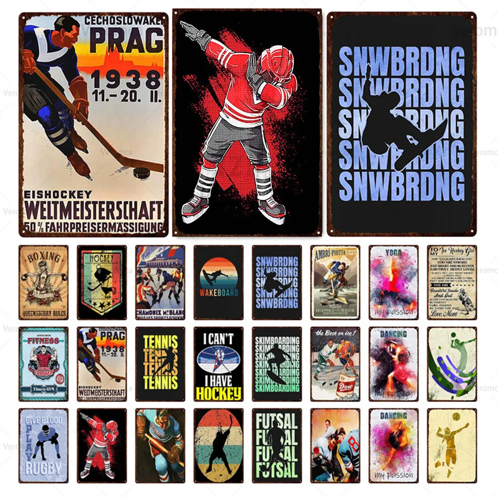 

Tin Plate Hockey Skiing Dancing Metal Poster Plaque Sports Sign Fitness Tin Sign Metal Vintage Gym Wall Decor for Bar Pub Club