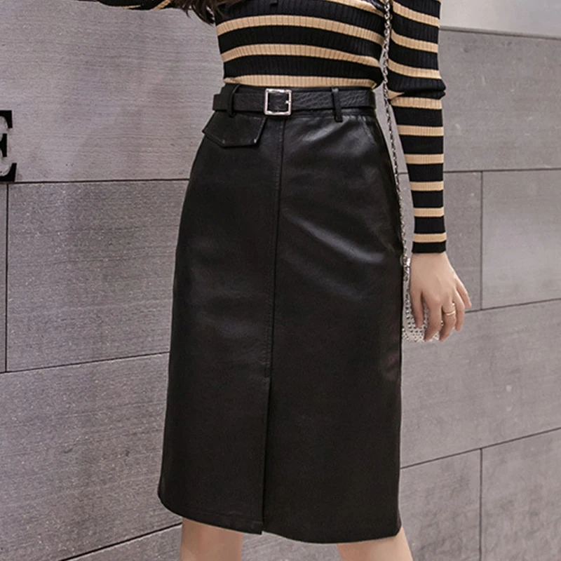 

Женская юбка из ПУ кожи, с высокой талией, средней длины