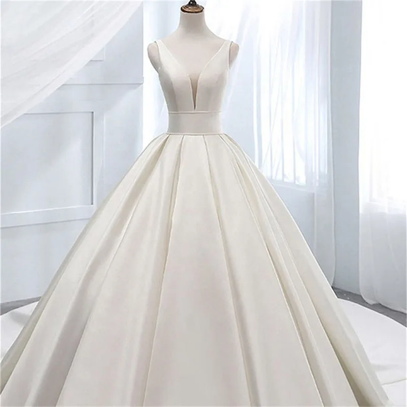 

Elegant Custom-made V-Neck Sleeveless White Wedding Dress Simple Satin Bridal Gown With Tail