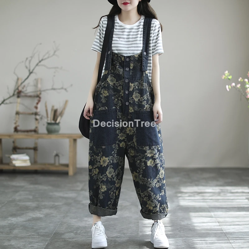 

2022 drop crotch jean jumpsuits big baggy printed wide leg overalls trousers boyfriend cargo denim cross pants pantalon palazzo