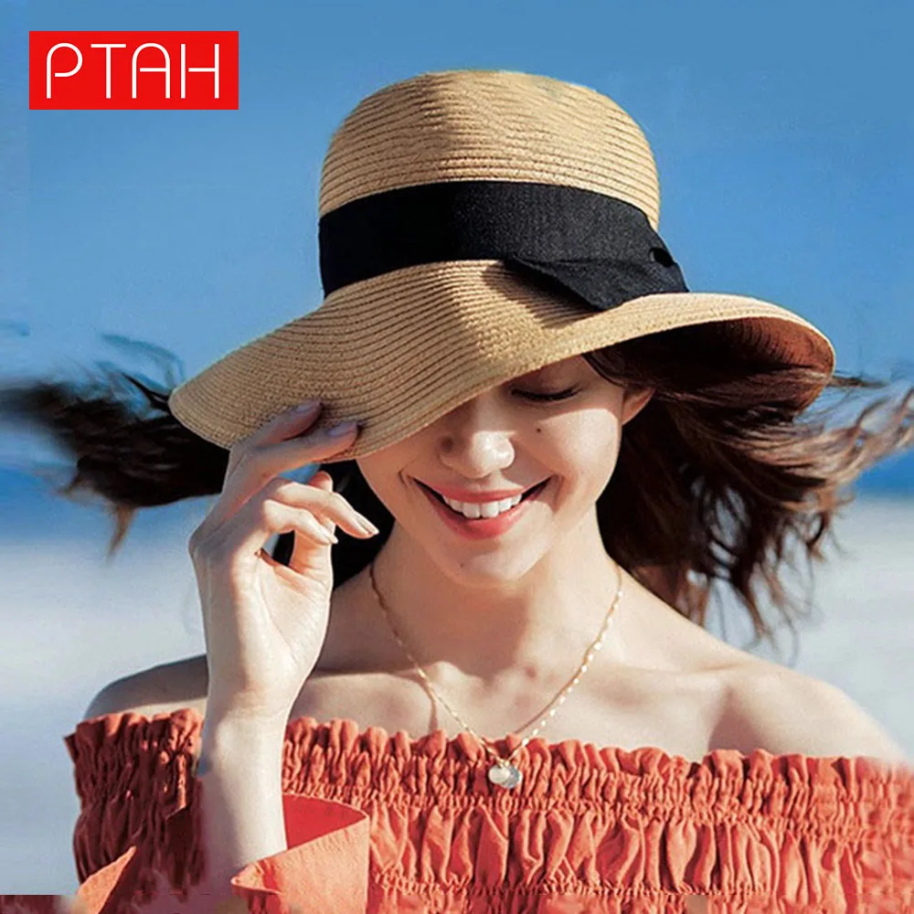 

[PTAH] Fashion Sun Hats Women's UPF 50+ Wide Brim Roll-up Straw Lightweight Foldable Beach Caps Breathable Sun Protection Visors