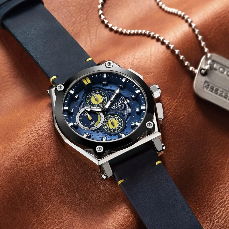 Часы наручные MEGIR Мужские кварцевые Брендовые спортивные с хронографом и кожаным