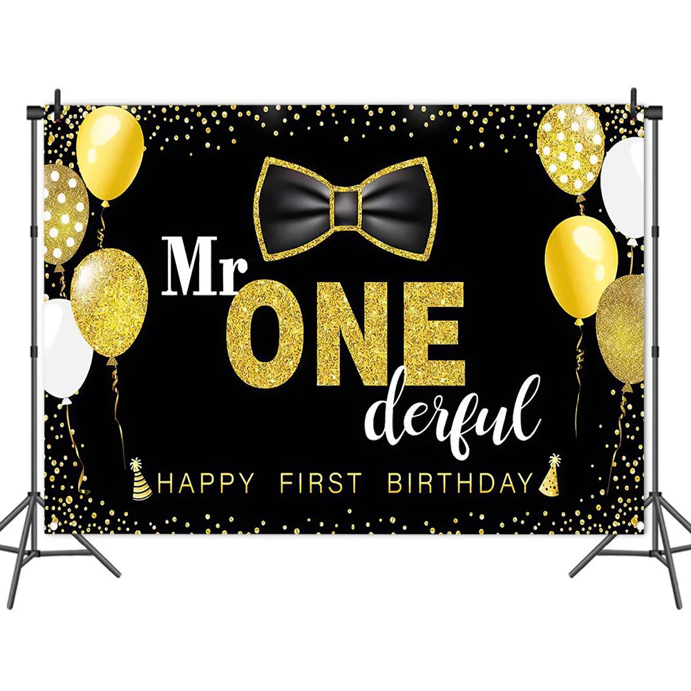 

Black Bow Tie Gold Balloon Boy's First Birthday Backdrop Photography Photo Baby Party Table Decorated Vinyl Background Banner
