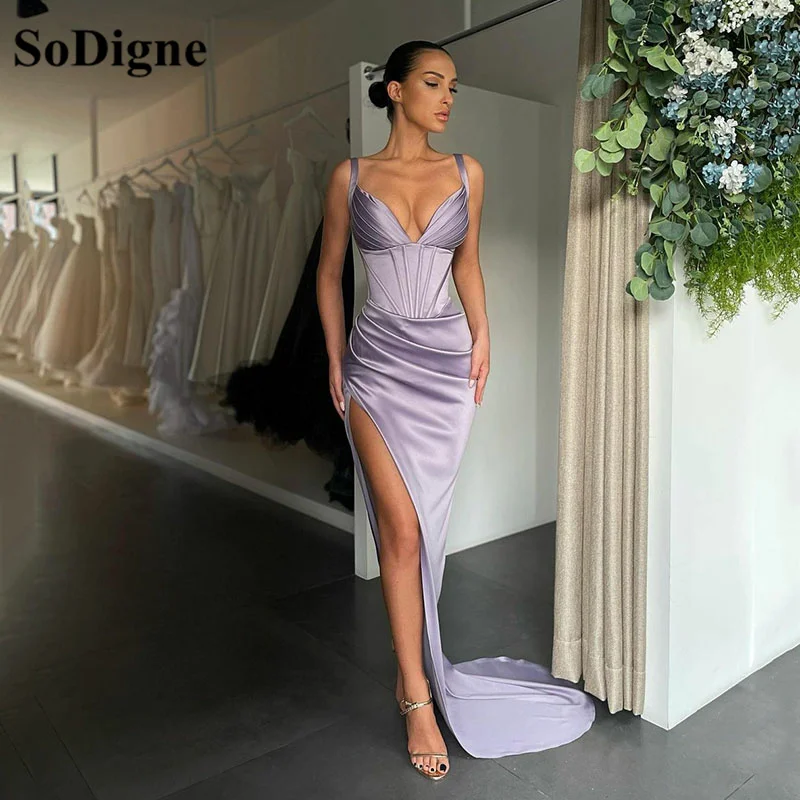 

SoDigne Mermaid Prom Dresses 2021 Custom Color Sexy Split Elastic Party Dress Strapless Long Evening Gown Graduation