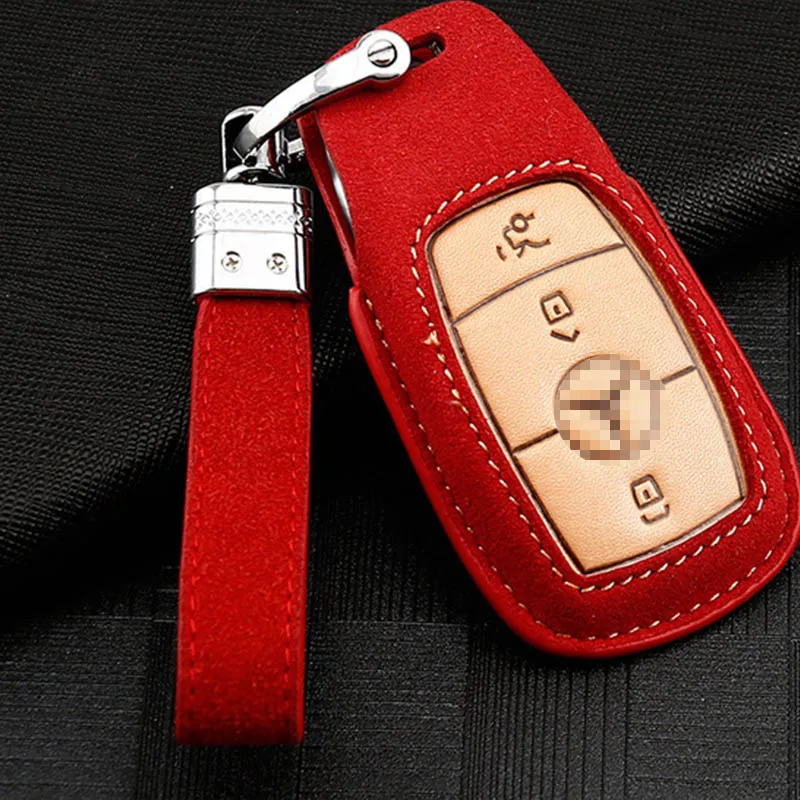 A red set Замшевый кожаный чехол для автомобильных ключей, брелок для ключей Mercedes Benz a200 glc gla c180 B, Класс E, класс C, стильный брелок для ключей - Название цвета: A red set