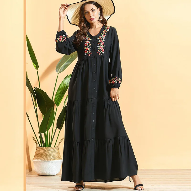 

Bohemian plus size women's black breastfeeding floral embroidery long sleeve front button long skirt Muslim women long skirt