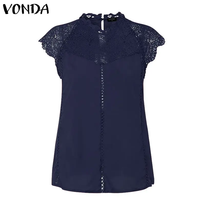 VONDA, женская блузка, туника, сексуальная, без рукавов, кружевная рубашка, OL, Офисная Женская рубашка, открытые, вечерние, топы, Camisas, белого цвета, размера плюс - Цвет: Navy