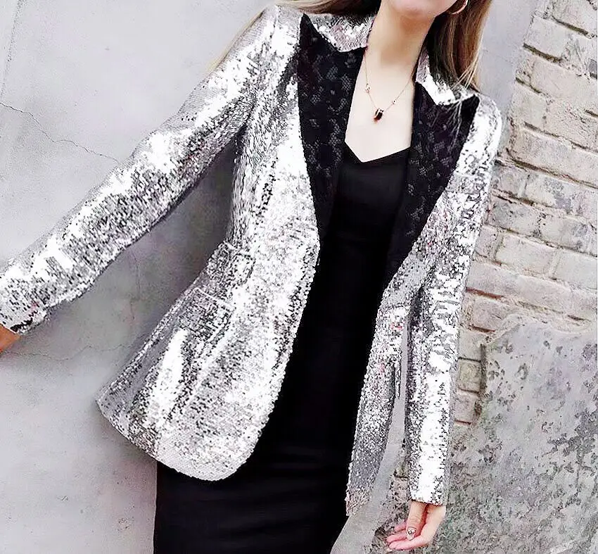 

New ZLY Spring and Summer New Women s Fashion Sequins Long Suit Jacket Slim Night Club Coats