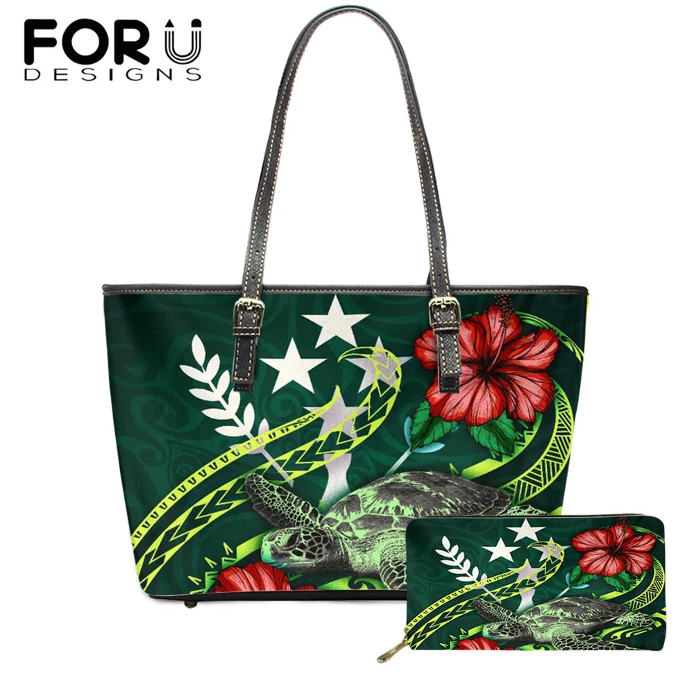 

FORUDESIGNS Polynesian Kosrae Hawaiian Hibiscus with Turtle Printed PU Leather Totes Bag Top-handle Bag for Women Brand Luxury