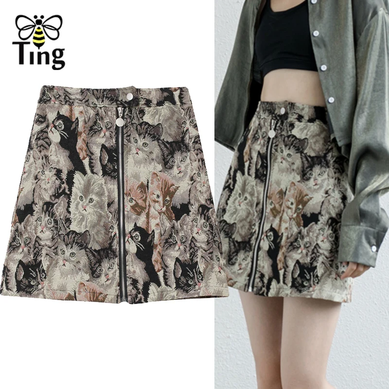 Tingfly винтажные жаккардовые мини юбки весна для женщин кошка вышивка цветочный