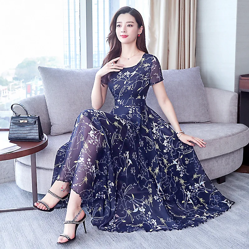 

New large-size short-sleeved dress, chiffon dress, floral long dress, big swing dress,