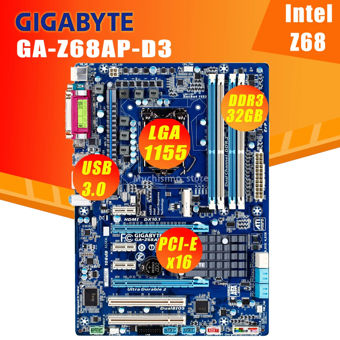 

Материнская плата LGA 1155 Gigabyte GA-Z68AP-D3 Core i7 i5 i3 DDR3 32 Гб SATA3 USB3.0 десктопная Intel Z68 Материнская плата 1155 ATX б/у