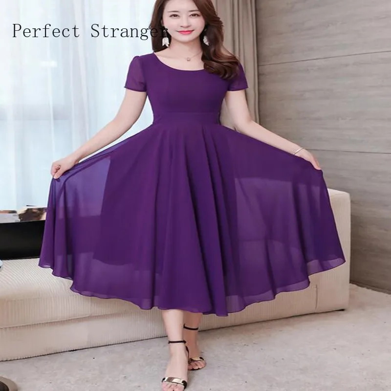 

High Quality 2021 Summer New Arrival S-5XL Elegant Round Collar Short Sleeve Woman Chiffon Long Dress