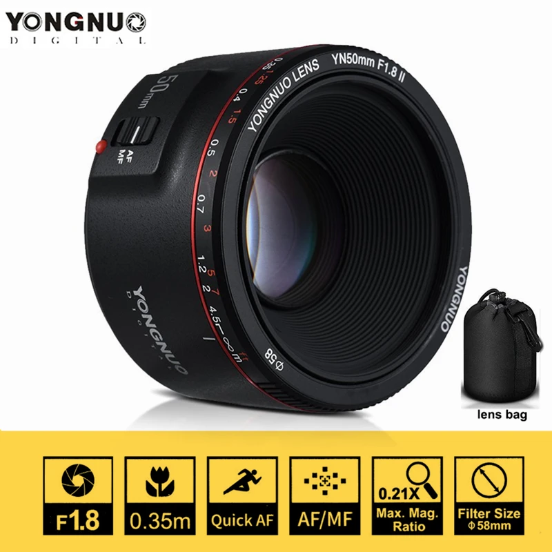 Объектив YONGNUO YN50mm F1.8 II с большой диафрагмой автофокус 50 мм для Canon 100d 650d 5d 77d 500d 1000d
