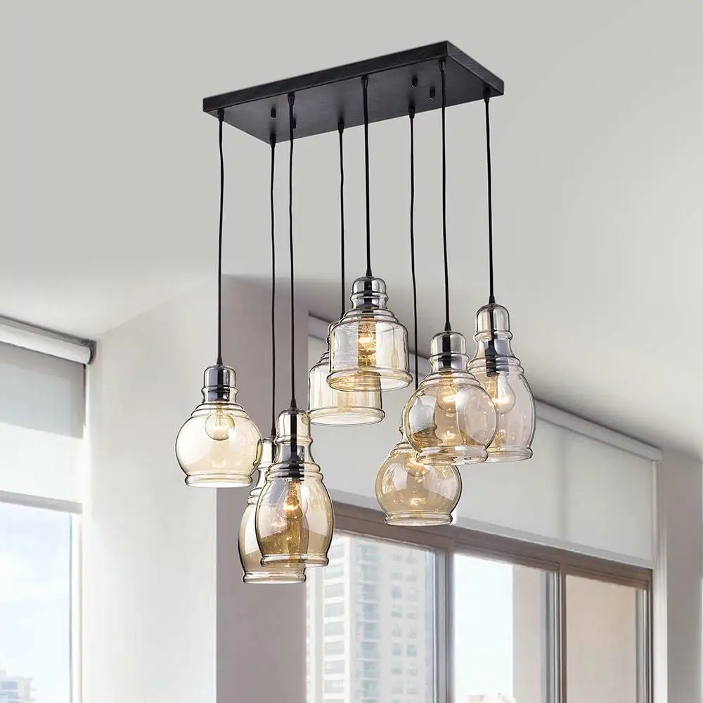 

Vintage Kitchen Island Cognac Glass Chandelier Pendant Lighting Fixture Antique Black Finish Ceiling Lights for Dining Room,Bar