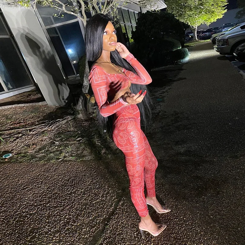 

Red Christmas Sexy Crop Top pants Set Vintage Print Sheer Mesh See Through Bra Lace Up Blouse Backless Two Piece Set Party Suit