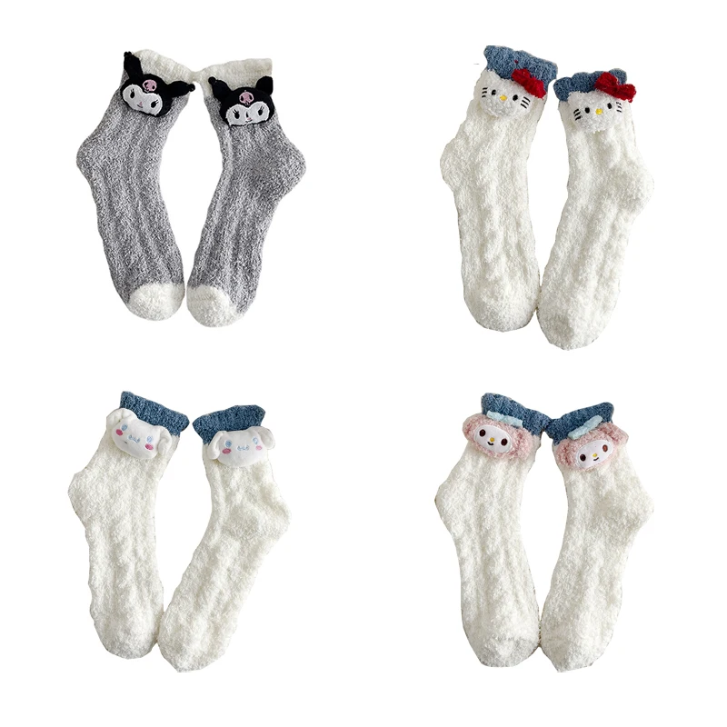 

Милые Мультяшные японские плюшевые носки Kawaii Kuromi My Melody Cinnamoroll KT коралловые флисовые Носки утолщенные теплые носки для девочек подарок