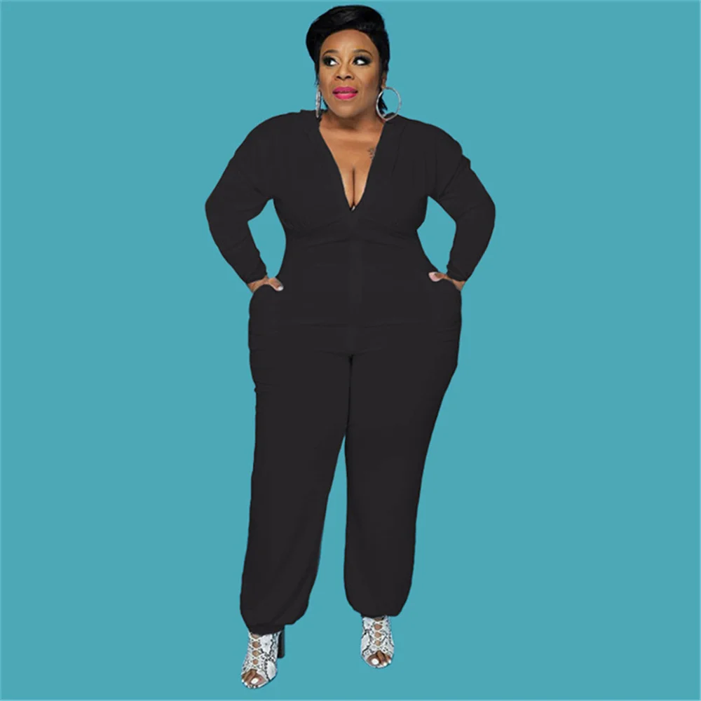 

4xl 5xl Women Plus Size Clothing Casual Loose Solid Color Bat Shirt Pocket Zipper Stretch Jumpsuit Autumn Wholesale Dropshipping