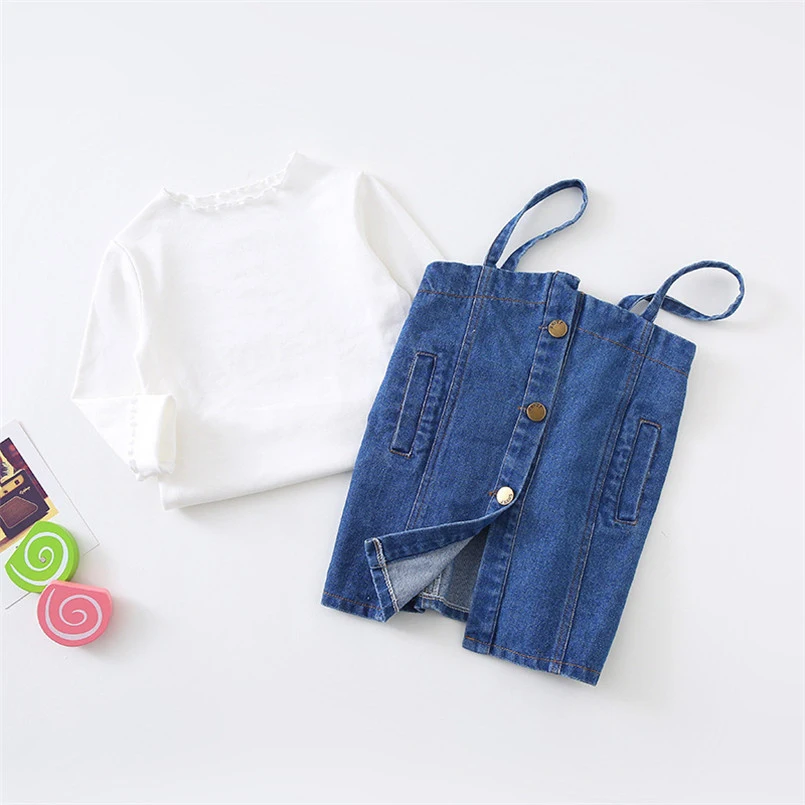 Мягкая дышащая белая кружевная рубашка для девочек + джинсовая юбка с ремешком