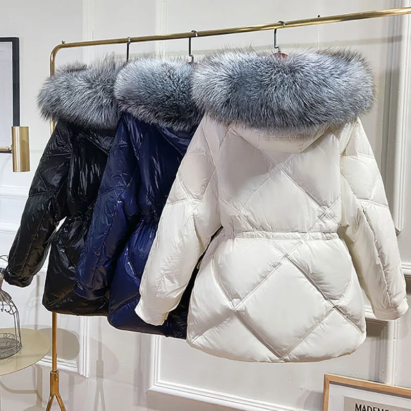 

Women Glossy Short Down Jacket Winter Jackets Natural Fox Fur collar 90% White Duck Down Jackets Casual Hooded Parka Overcoat