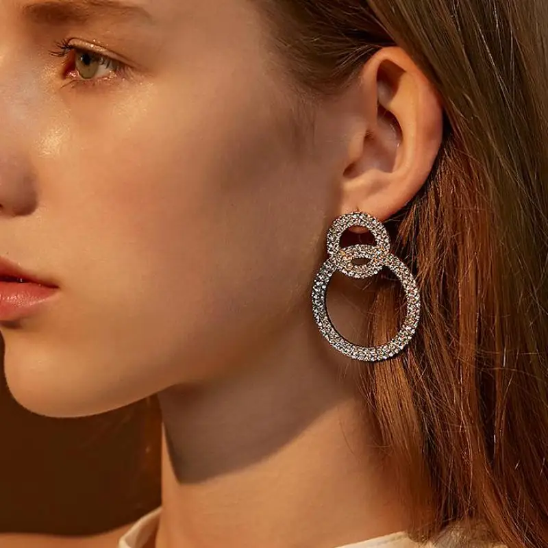 

New Circle Big Earrings Crystal Double Circle Stud Earrings For Women Earing Jewelry Earings Earring Kolczyki Pendientes CF