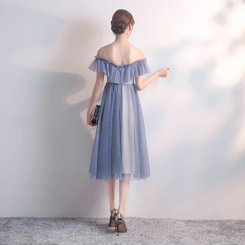 Женское платье с открытыми плечами темно синее подружки невесты из тюля