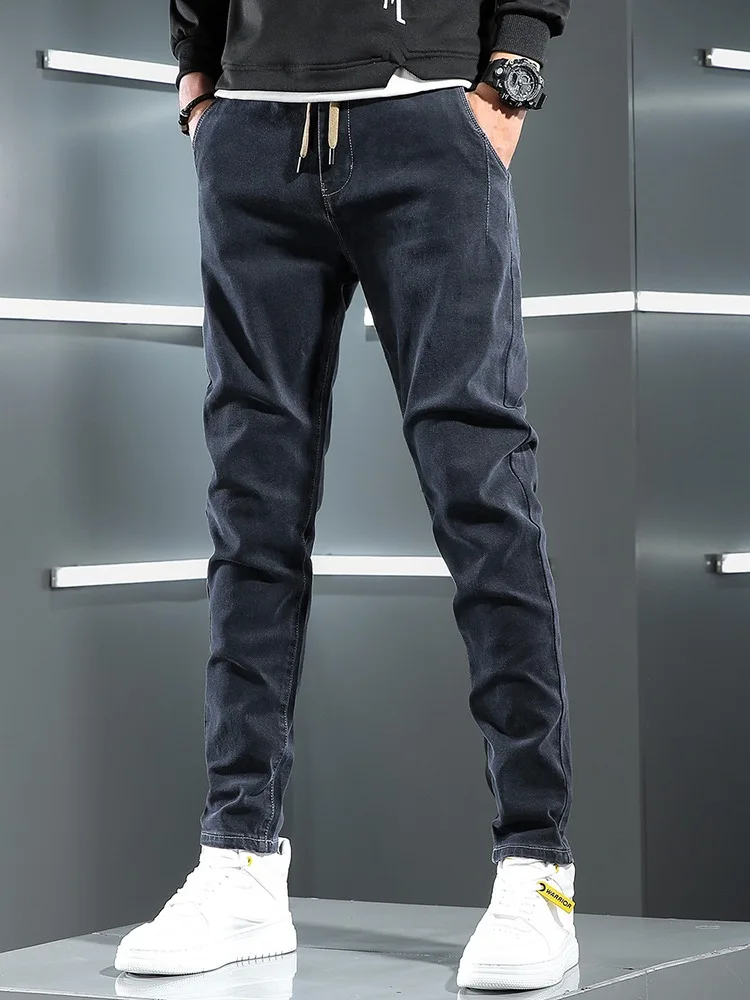 Spring Autumn Men Jeans Simple Casual Slim Fit Pants Streetwear Mens Elastic Waist Jean Trousers