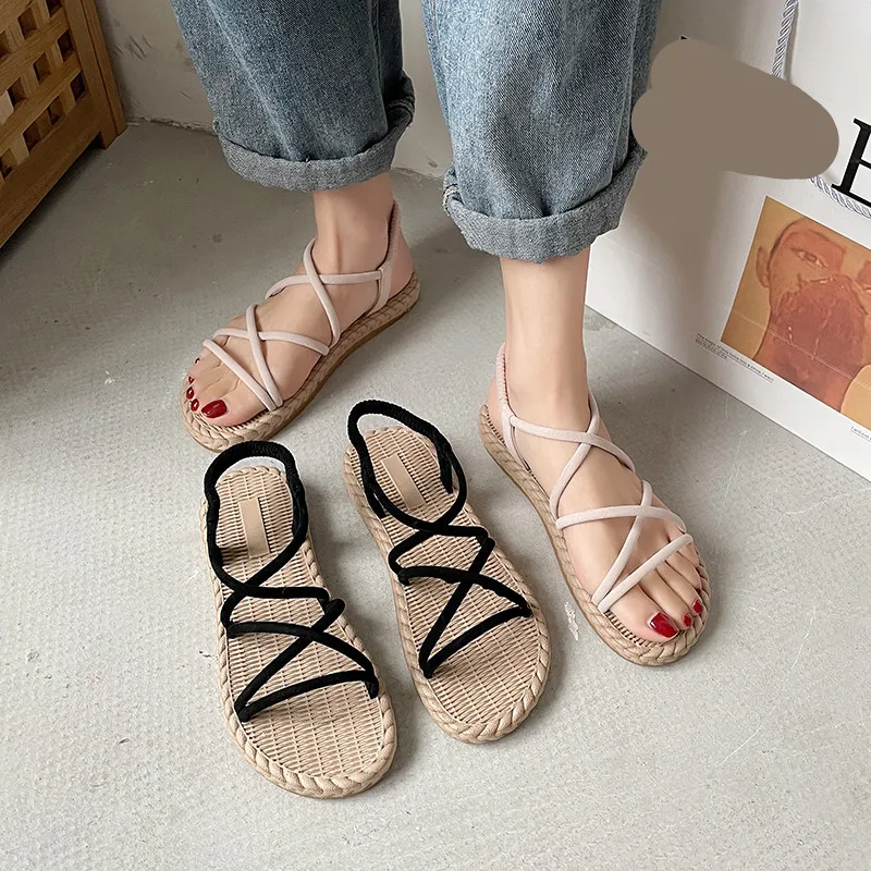 

Beach Sandal Woman Luxury Suit Female Beige Cross All-Match 2021 Summer Clear Heels Low-Heeled Shoes With Strap Black Gladiator