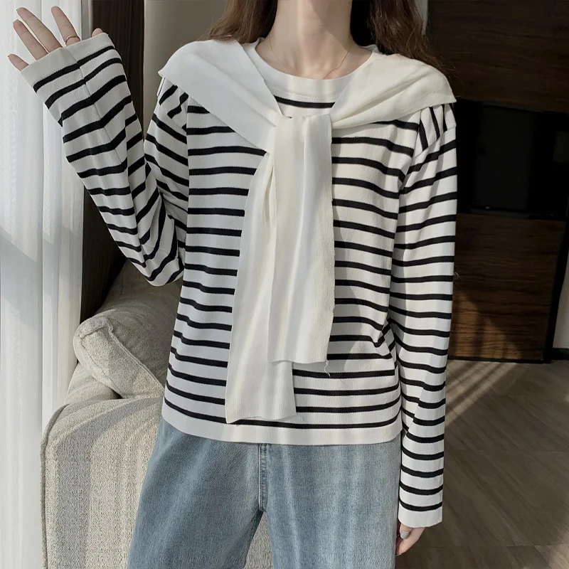 

Striped Shawl Two Pieces Sweaters Spring Long-Sleeve Women's Top Clothing Knitwear Wide Leg Pants Short fafa_ootd