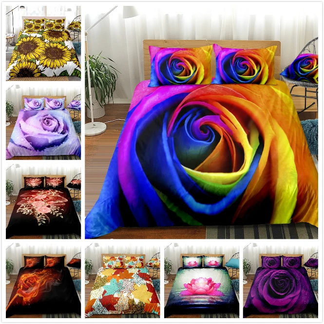 

Girls 3D Rose Duvet Cover Women Chic Purple Floral Print Bedding Set Luxury Romantic Flowers Glitter Comforter Cover for Girls