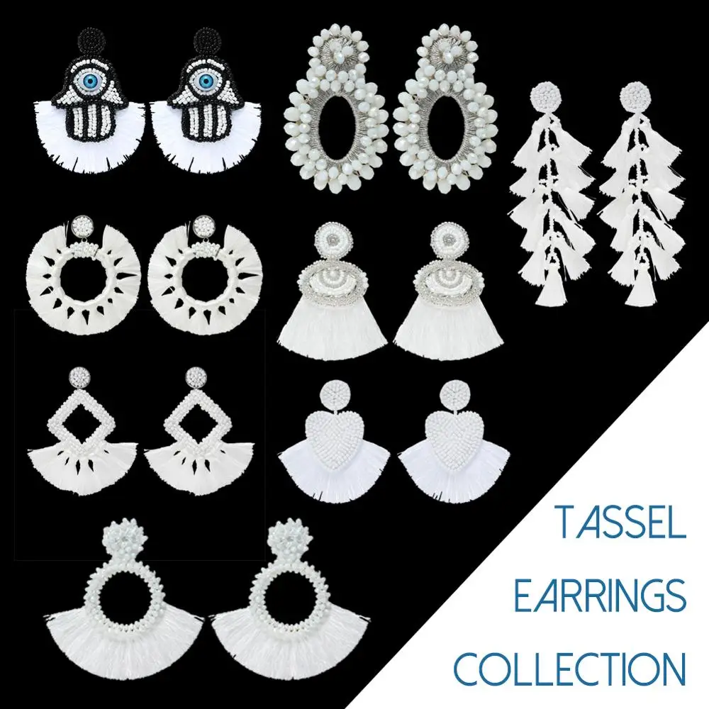 

ROYALBEIER Pure White Beaded Fringed Earrings Woman's Fashion Handmade Drop Earrings Bohemian Rhapsody Tassel Wedding Jewelry