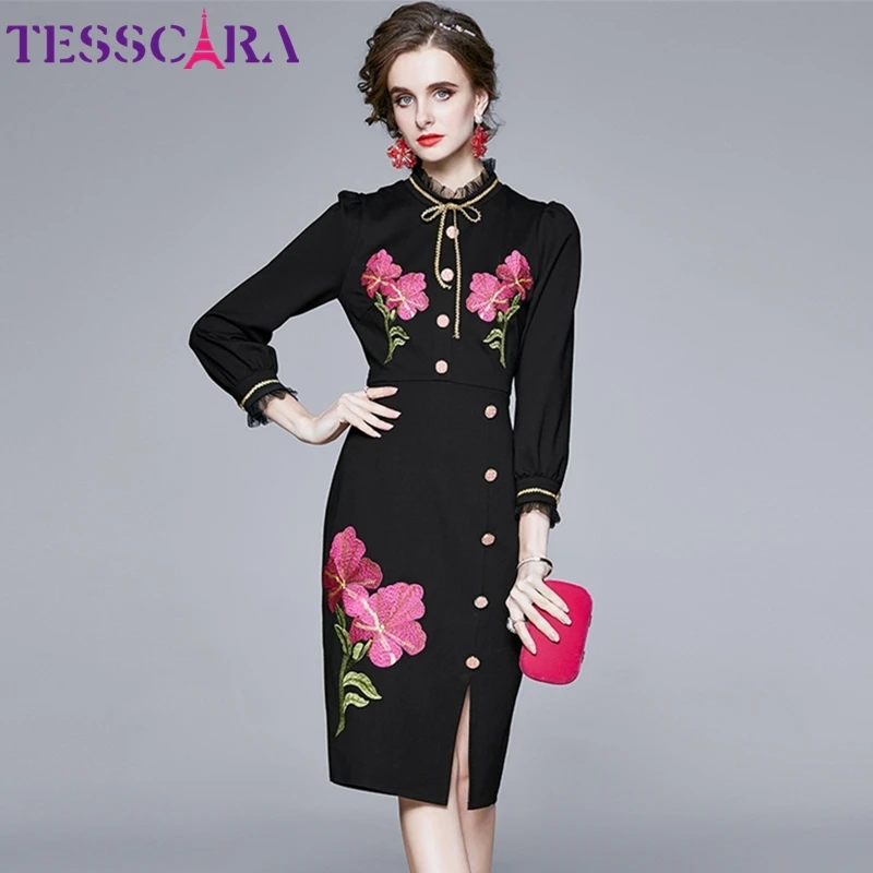 Женское осенне зимнее роскошное платье карандаш TESSCARA с вышивкой