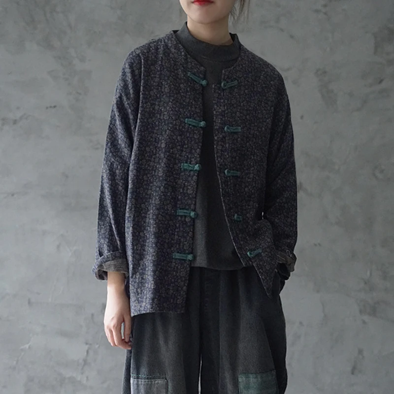 Johnature New Retro Plate Buckle Floral Print Cotton Linen Overcoat 2021 Autumn Winter Loose Comfortable Long Sleeve Women Coat | Женская