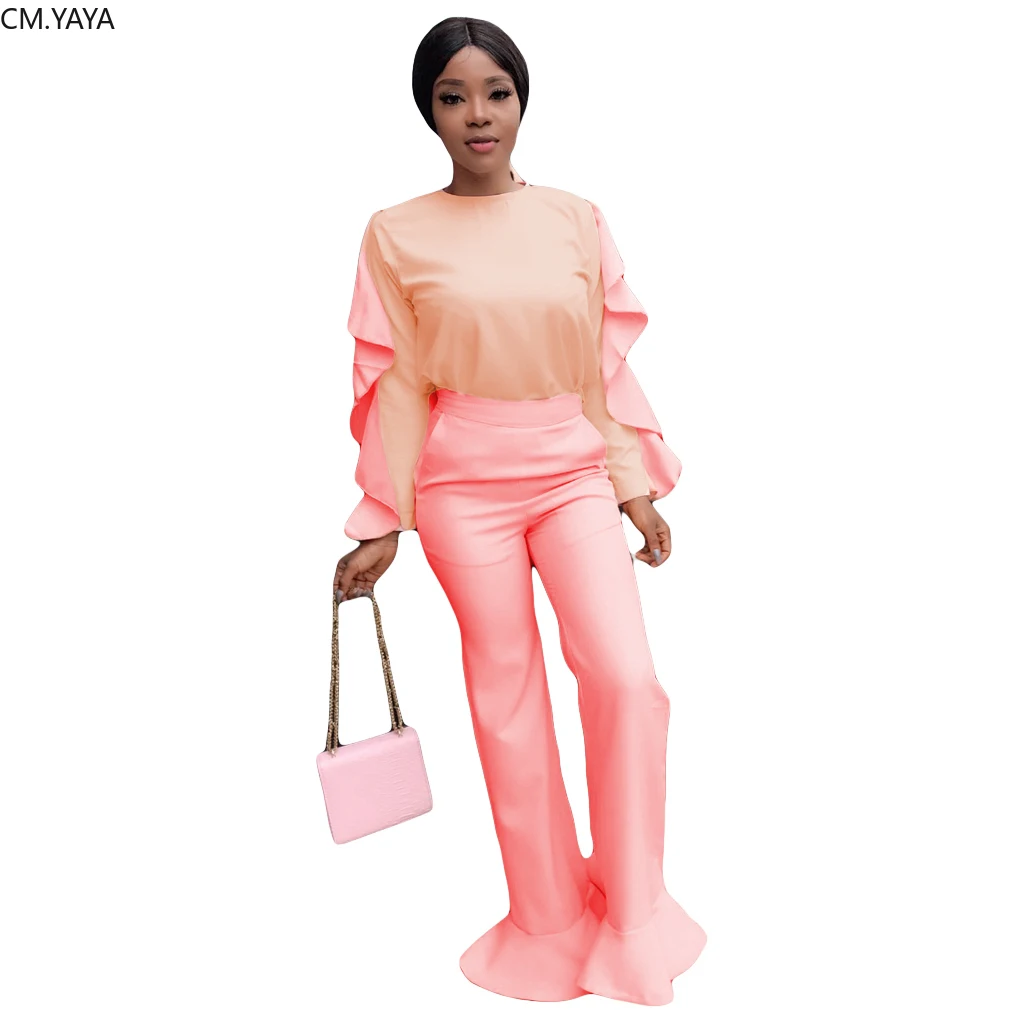 2019 осенне зимний женский топ с оборками и длинными рукавами брюки клеш костюм