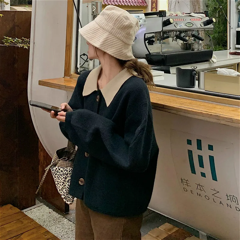 Sweaters Women Patchwork Warm Cardigans Loose Jumper Daily Outwear Korean Style Chic Turn-down Collar Knitted Retro Teens Female |