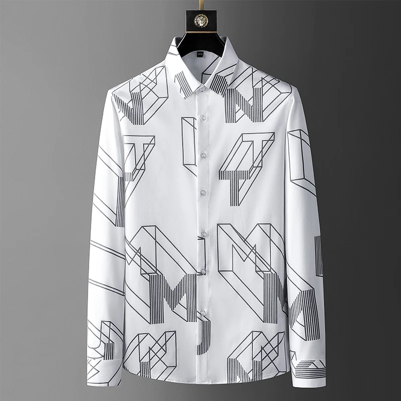 

Luxury Letter Print Men's Shirt Long Sleeve Casual Formal Dress Shirts Slim Streetwear Social Business Tuxedo Blouse Masculina