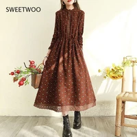 women cotton linen casual dresses new arrival 2021 spring vintage style stand collar patchwork lace loose female long dress