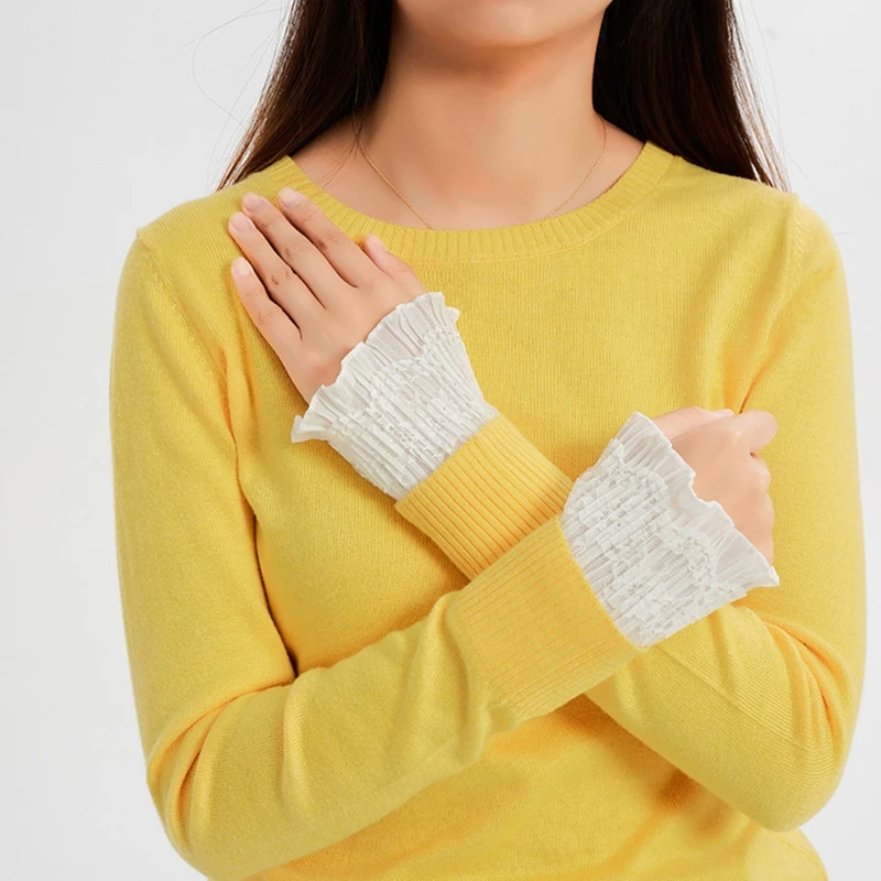 Women Winter Double Layer Horn Cuffs Bracelet Hollow Out Floral Lace Wrinkled Ruffled Fake Sleeves Detachable |