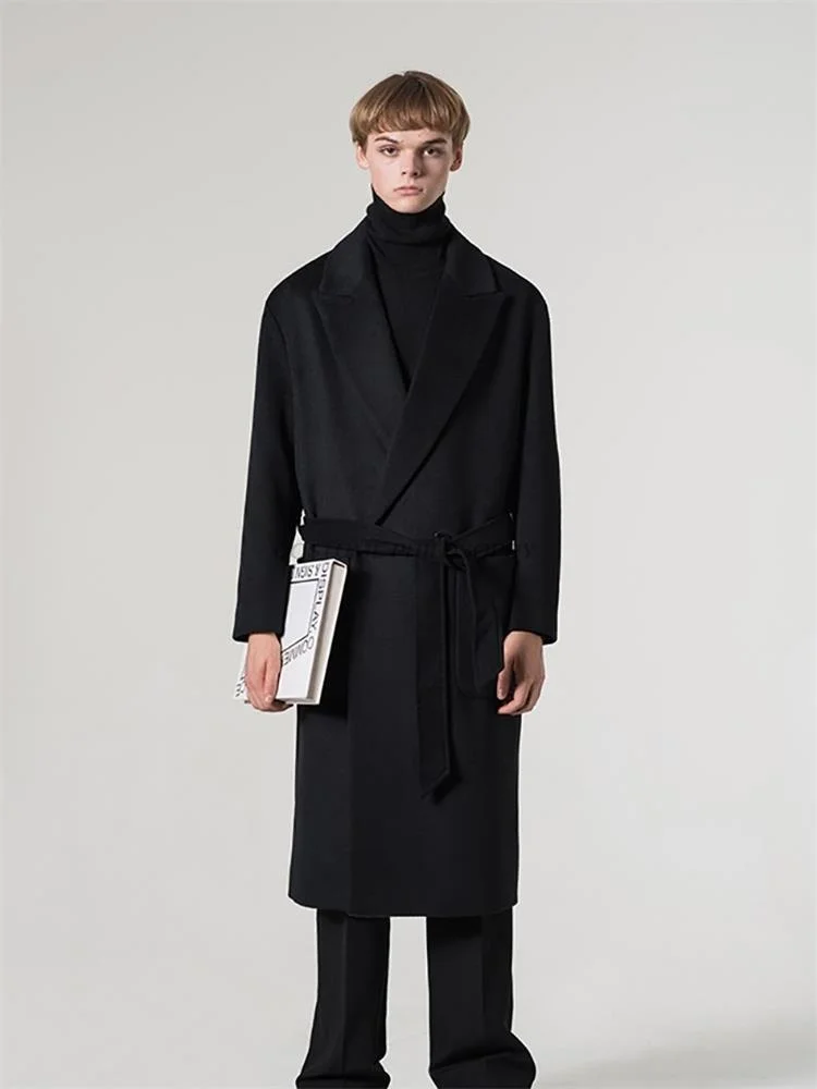 

Шерстяное мужское пальто, свободное, с поясом, простое, минималистичное, в европейском и американском стиле, в британском стиле, средней дли...