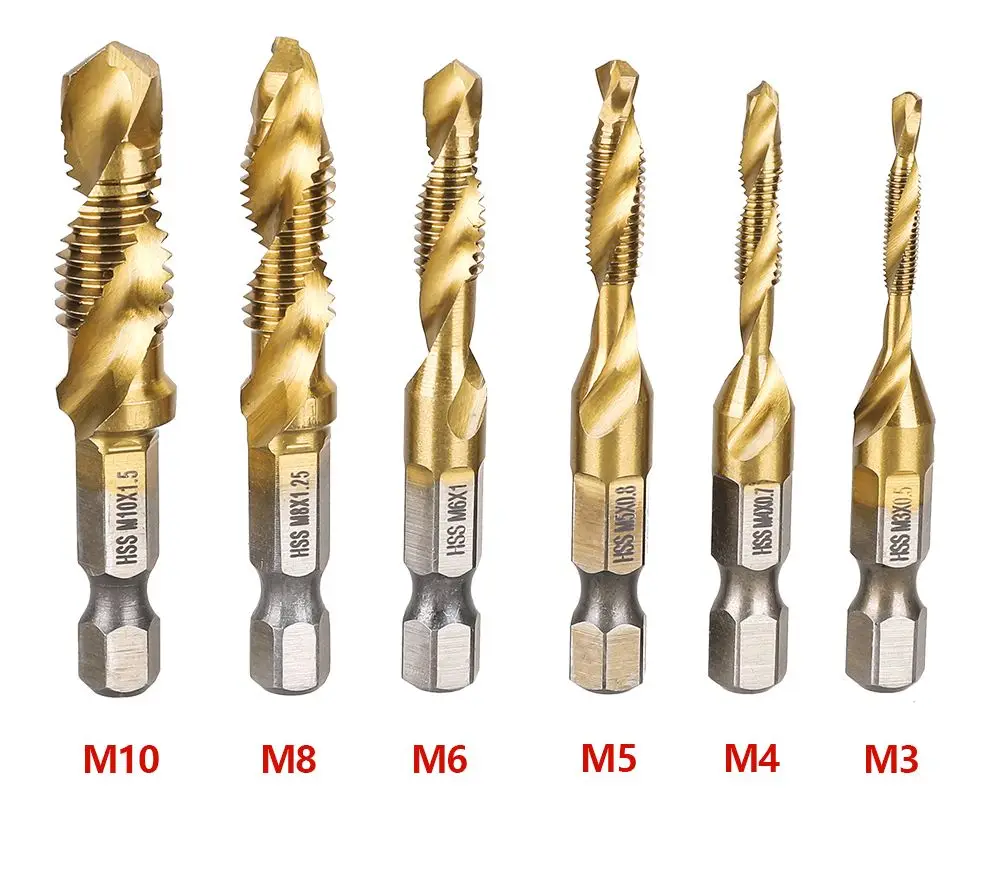 

6Pcs Hex Shank Titanium Plated HSS Screw Thread Metric Tap Drill Bits Screw Machine Compound tap M3 M4 M5 M6 M8 M10 Hand Tools