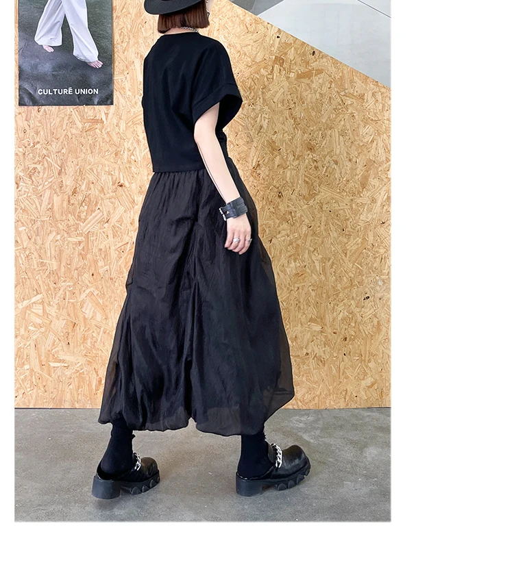 

2021 Summer Women New High Waist Slimming Pleated Design Black Mid-calf Skirt Ladies Fashion Irregular A- Line Long Casual Skirt