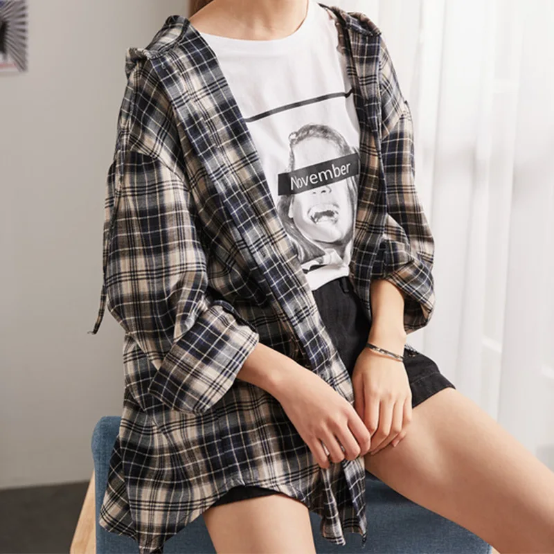

Sweet plaid shirt women Korean style fresh college style cardigan lapel tie hat loose female jacket