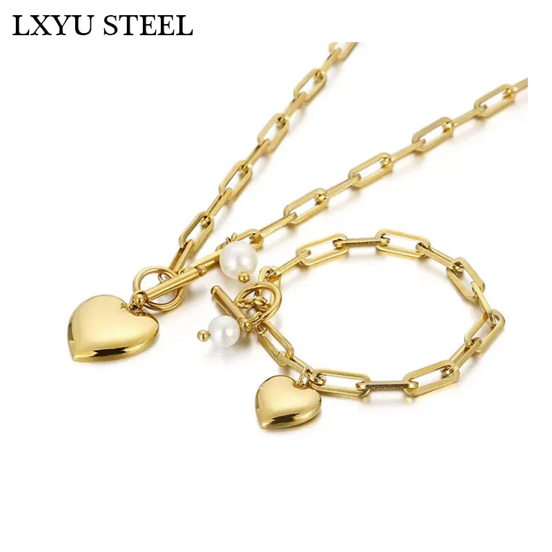 

Romantic Heart Charm Necklace Bracelets Sets For Women Gold Color Stainless Steel Choker Jewelry Sets Bijoux Femme